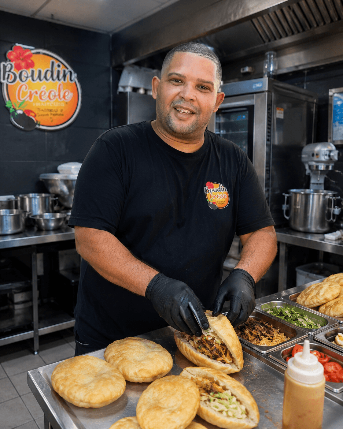 Le cousin dans son atelier toulousain, dressant un sandwich créole